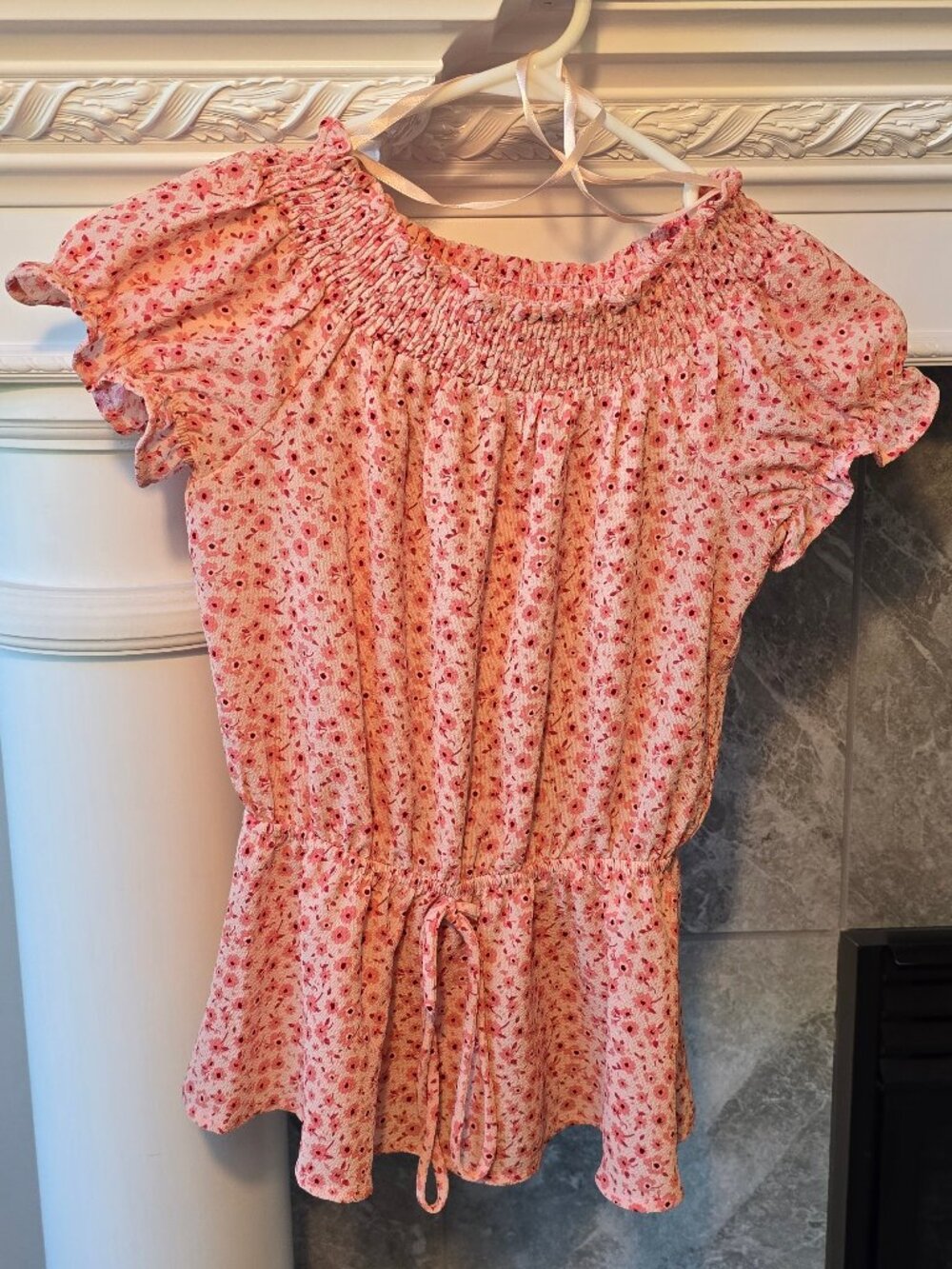 Monteau Los Angeles Pink Floral Smocked Off-Shoulder Top Blouse XS